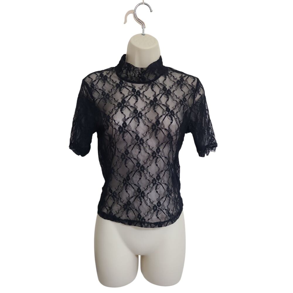 Womens Black Y2K Blouse Top Sz Medium Cropped Goth Lace + Sheer